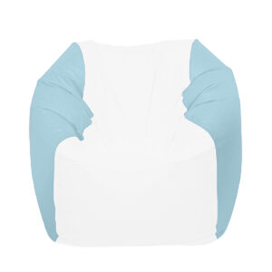 marine-grade waterproof bean bag chair with a white center and light blue sides, ideal for boats; front view on white background. marine bean bag
