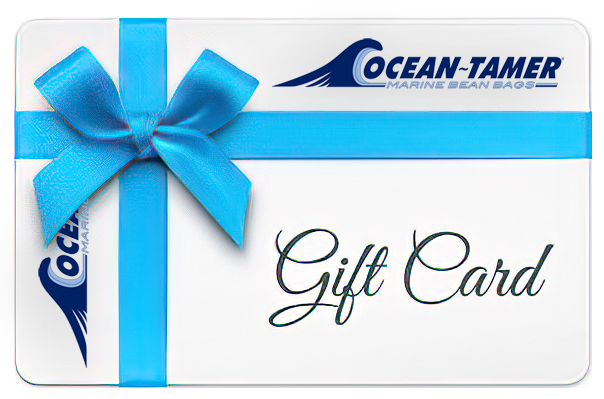 as a boat owner, i see a white gift card with blue ribbon, ocean-tamer marine bean bags logos, and "gift card" for marine seating. marine bean bag