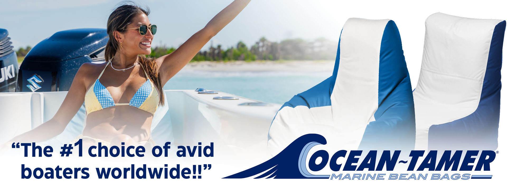 looking for marine bean bags? i see a woman relaxing on a boat beside ocean-tamer, the #1 choice of avid boaters worldwide. marine bean bag